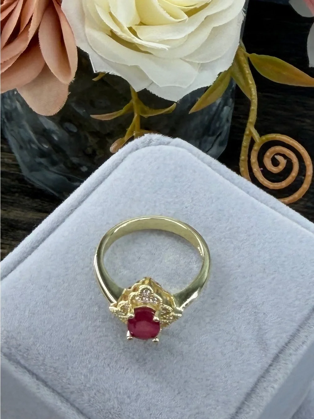 Stunning Natural 7x5mm Oval Ruby Zircon  accent in 14K Yellow GP Ring Size 6